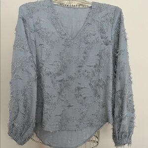 SHEIN Textured Frayed Blue V-Neck Blouse